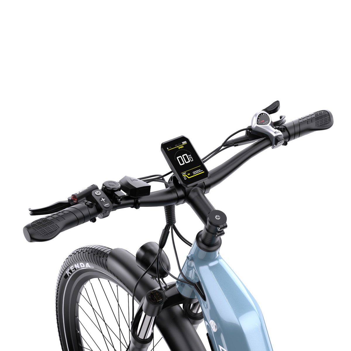 OneSport WT05 Nahaufnahme des Lenkers mit Display, Griff, Bremsgriff und Klingel sowie Vorderrad mit Kenda-Reifen