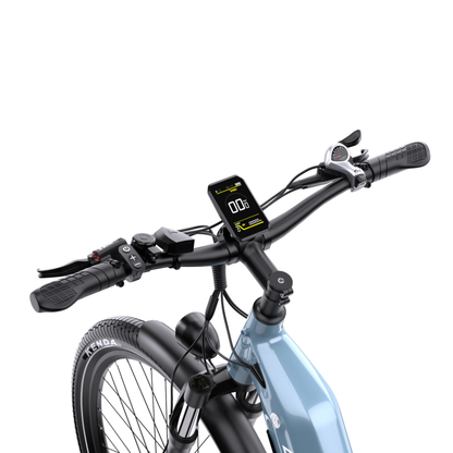 OneSport WT05 Nahaufnahme des Lenkers mit Display, Griff, Bremsgriff und Klingel sowie Vorderrad mit Kenda-Reifen