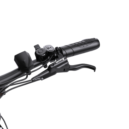 OneSport WT05 Nahaufnahme des Lenkers mit Griff, Bremsgriff, Klingel und Bedieneinheit