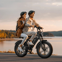 Person auf dem TST R002 Plus Fatbike-E-Bike in Schwarz mit Soziussitz an einem See