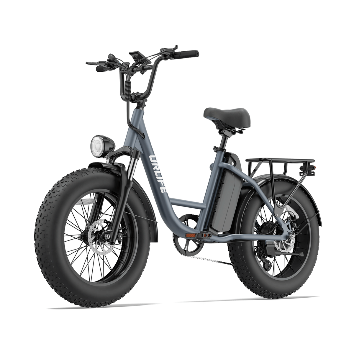 URLIFE E20 Pro, graues E-Bike mit dicken Reifen und Gepäckträger, schräg von vorn