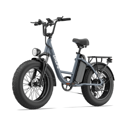 URLIFE E20 Pro, graues E-Bike mit dicken Reifen und Gepäckträger, schräg von vorn