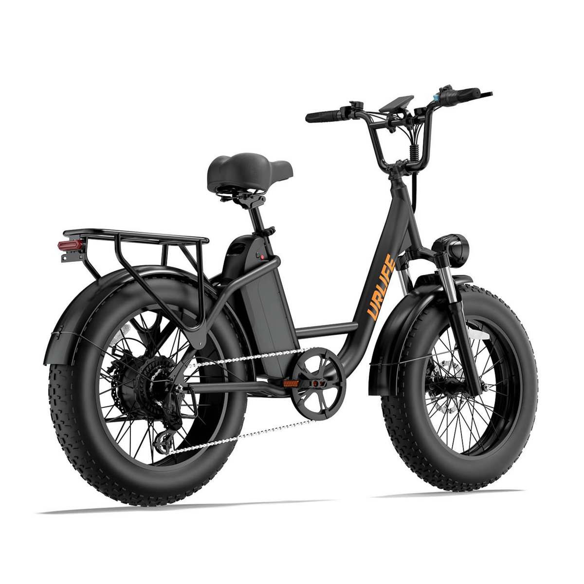 URLIFE E20 Pro, schwarzes E-Bike schräg von hinten mit Gepäckträger und dickem Reifen