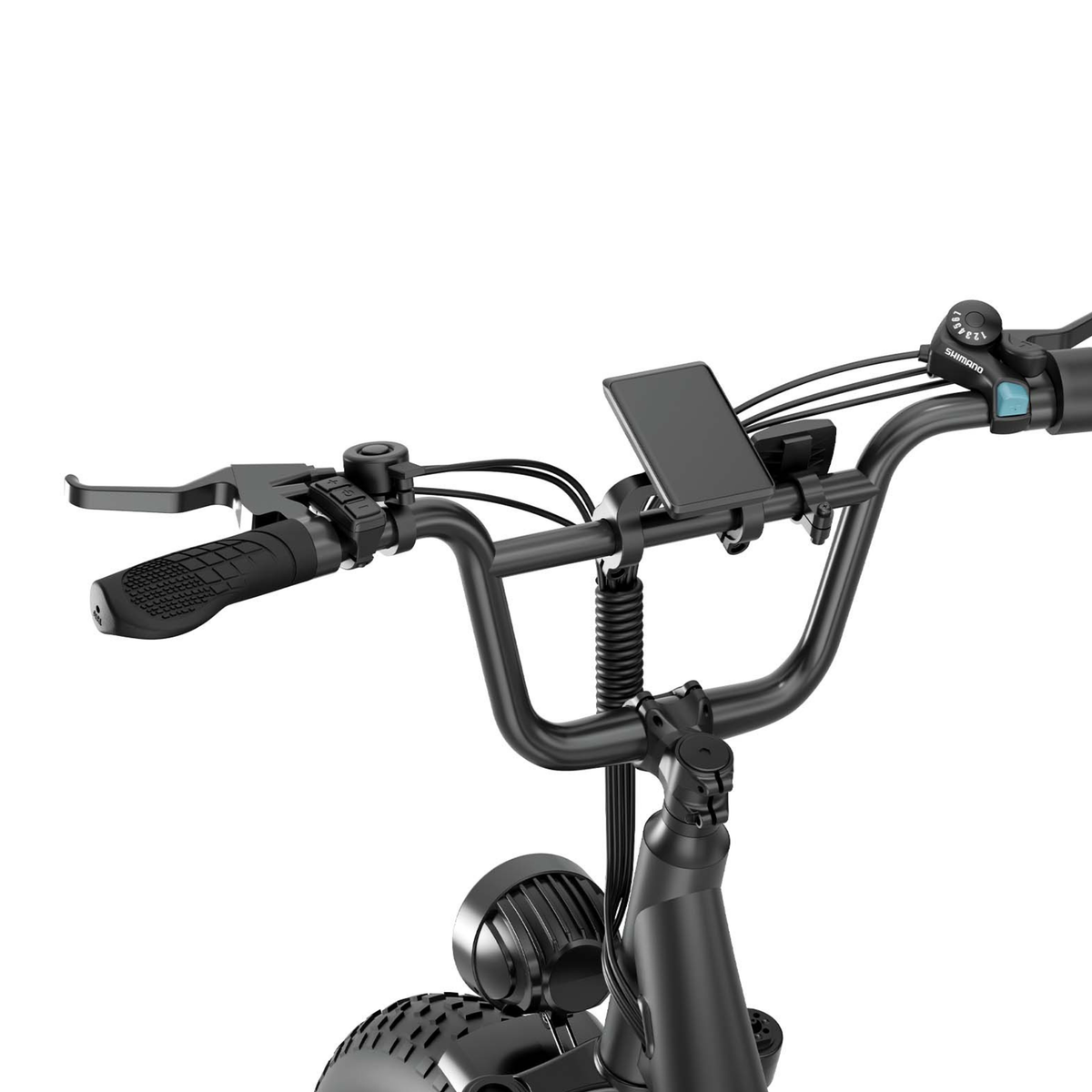 Nahaufnahme des Lenkers des URLIFE E20 Pro mit Griffen, Bremshebeln, Fahrradklingel, Display und Schaltung
