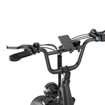Nahaufnahme des Lenkers des URLIFE E20 Pro mit Griffen, Bremshebeln, Fahrradklingel, Display und Schaltung