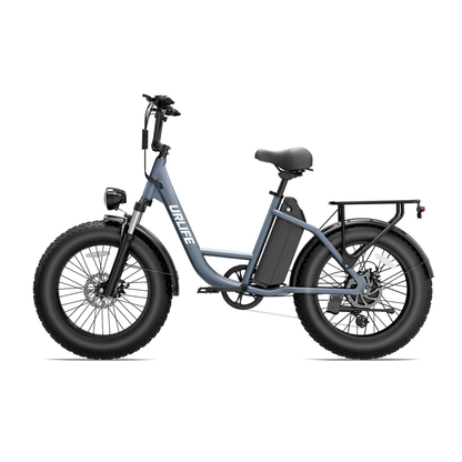 URLIFE E20 Pro, graues E-Bike mit dicken Reifen und Gepäckträger, von der Seite