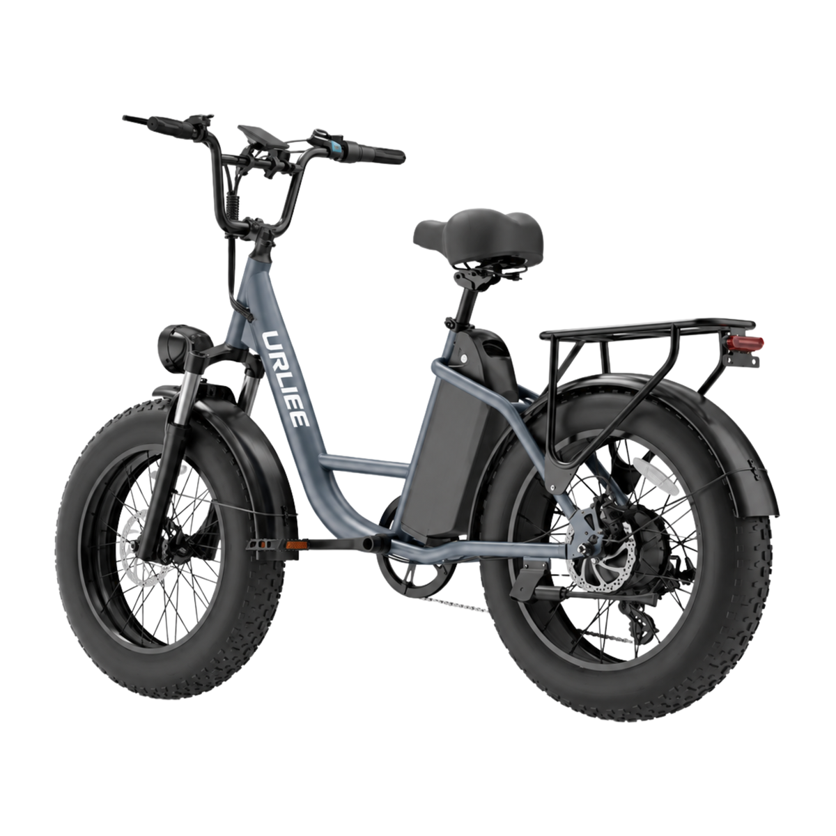URLIFE E20 Pro, graues E-Bike mit dicken Reifen und Gepäckträger, schräg von hinten