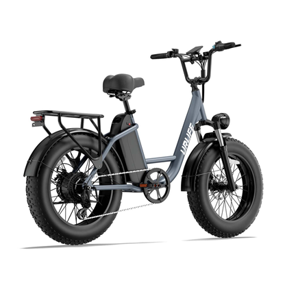 URLIFE E20 Pro, graues E-Bike mit dicken Reifen und Gepäckträger, von hinten rechts