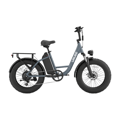 URLIFE E20 Pro, blaugraues E-Bike mit Fatbike-Reifen und Gepäckträger, von der Seite