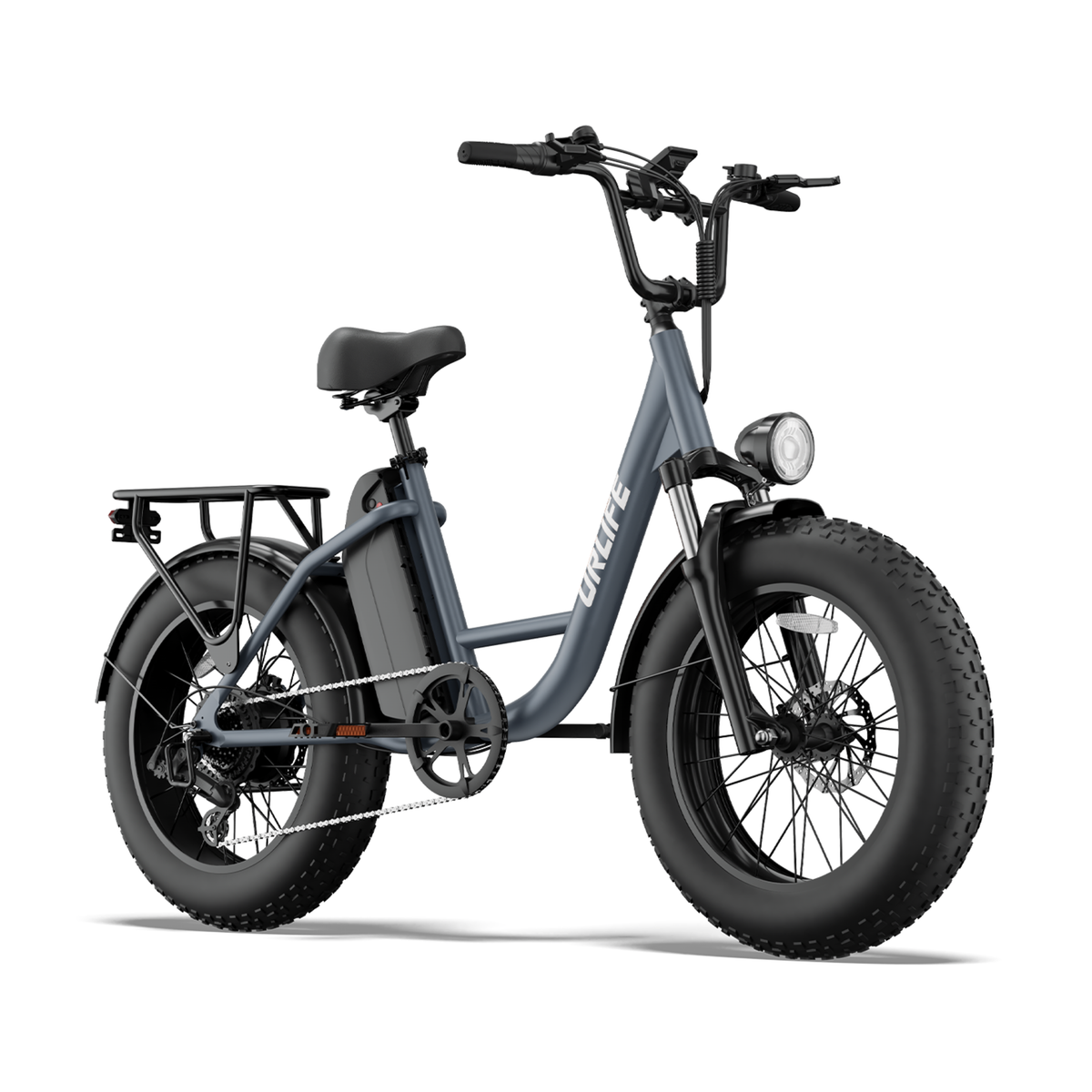 URLIFE E20 Pro, blaugraues E-Bike mit Fatbike-Reifen und Gepäckträger, schräg von vorn