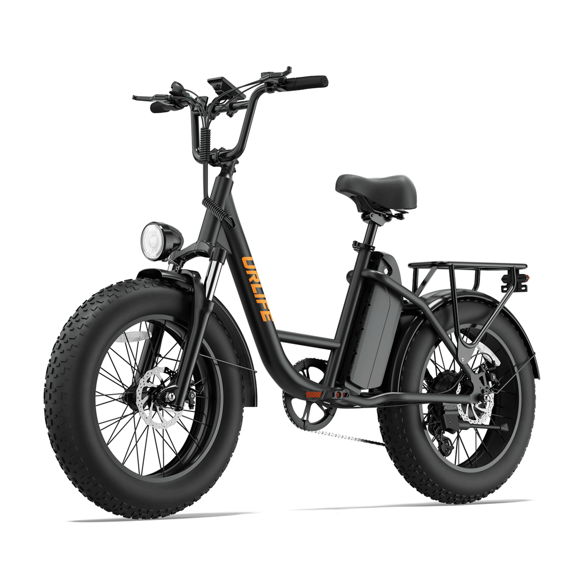 URLIFE E20 Pro, schwarzes E-Bike mit Fatbike-Reifen und orangefarbenem Logo, schräg von vorn