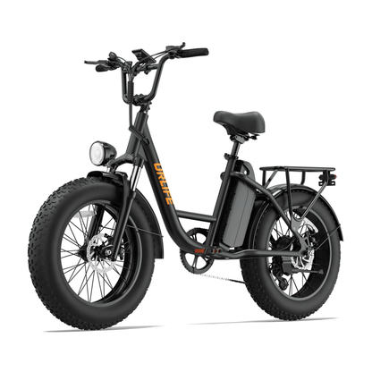 URLIFE E20 Pro, schwarzes E-Bike mit Fatbike-Reifen und orangefarbenem Logo, schräg von vorn