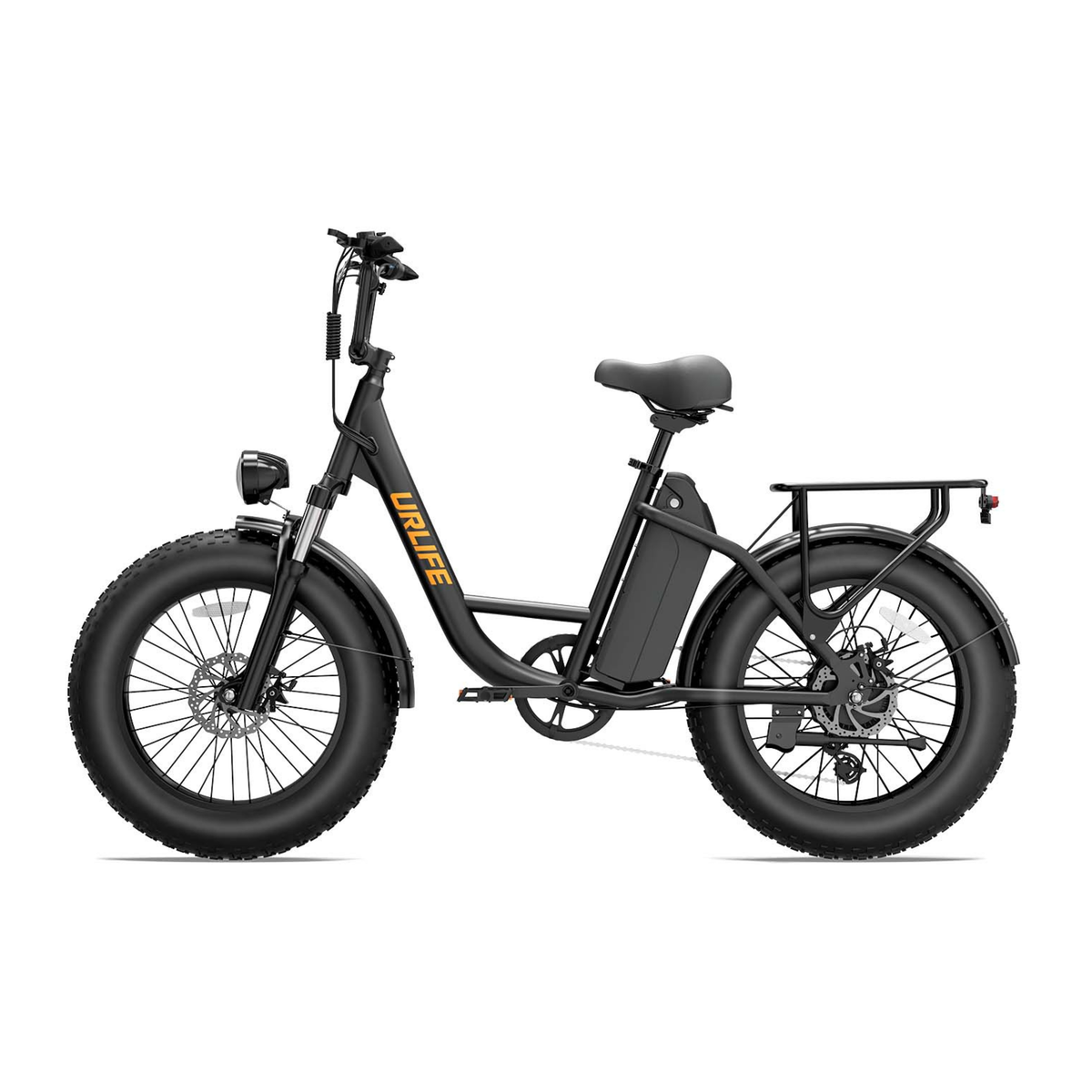URLIFE E20 Pro, schwarzes E-Bike mit Fatbike-Reifen und Gepäckträger, von der Seite
