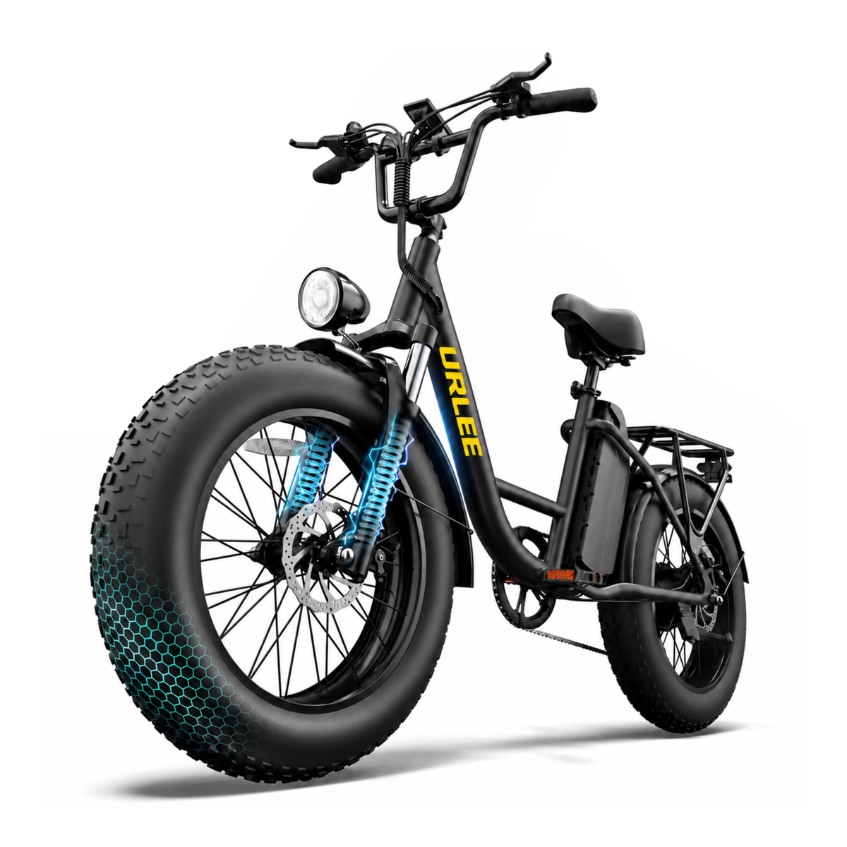 URLIFE E20 Pro, schwarzes E-Bike mit dickem Reifen, schräg von vorn, mit blau markierter Vordergabel