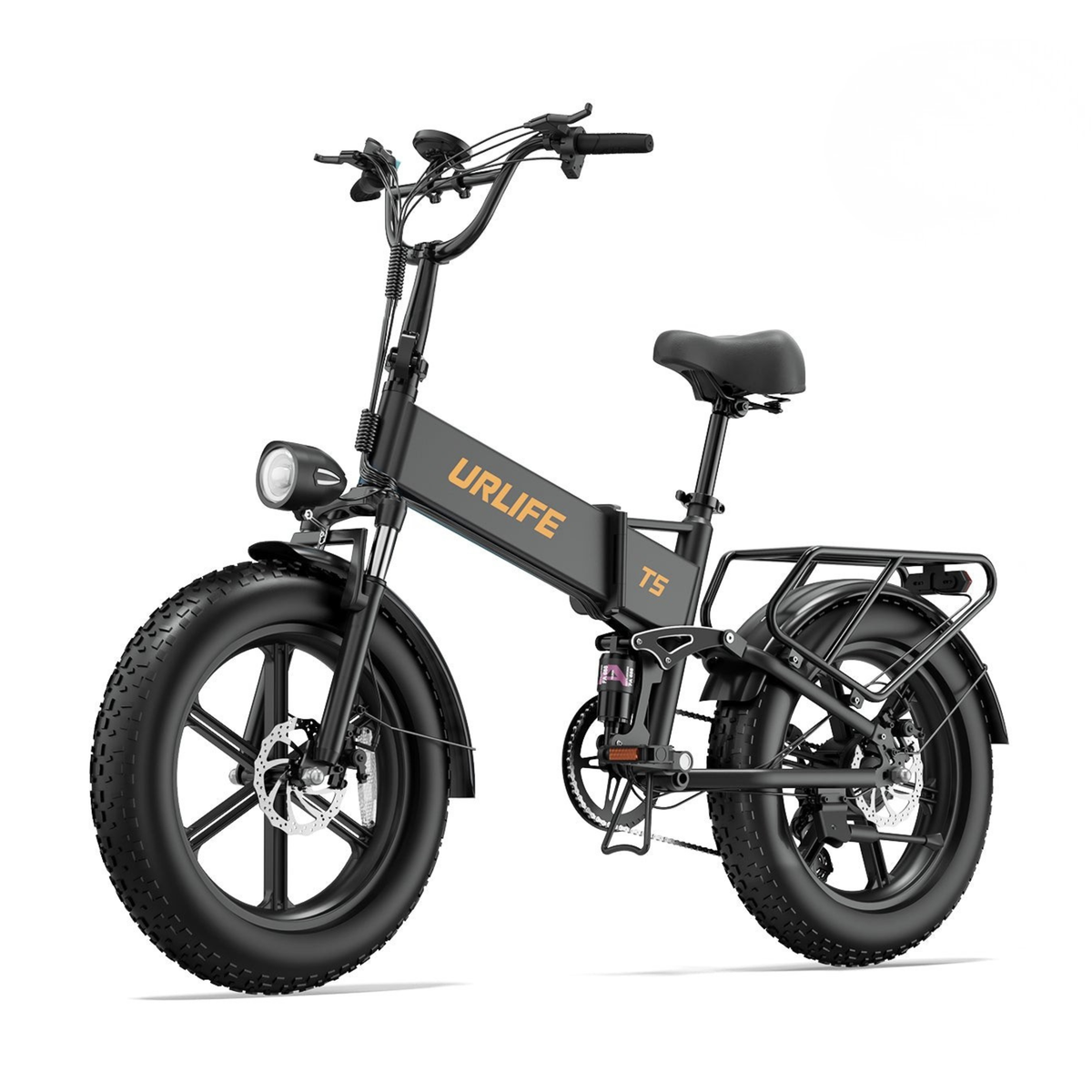 URLIFE T5 schwarzes Klapp-E-Bike schräg von vorne mit dicken Reifen, Frontlicht und Gepäckträger