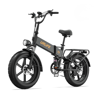 URLIFE T5 schwarzes Klapp-E-Bike schräg von vorne mit dicken Reifen, Frontlicht und Gepäckträger