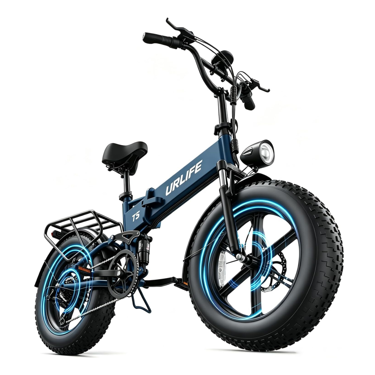 URLIFE T5 blaues E-Bike schräg von vorne mit blauen Lichteffekten um die Räder