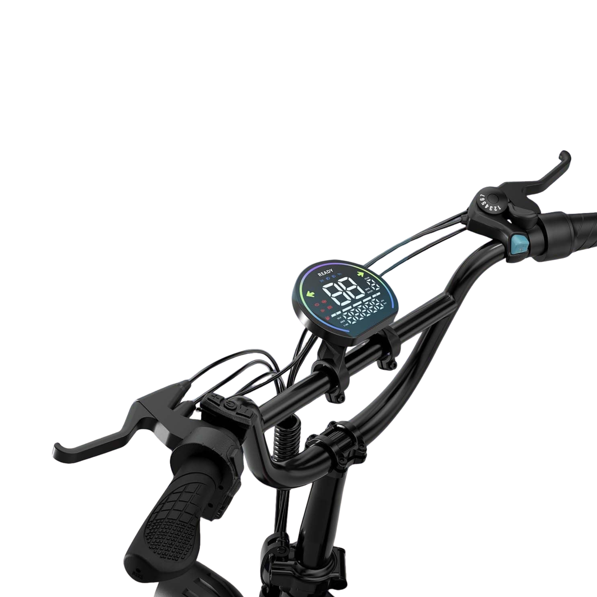 Nahaufnahme des Lenkers mit Display, Bremshebeln, Schalthebel und Griffen