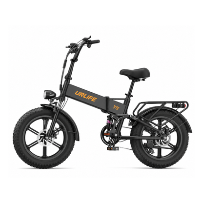 URLIFE T5 schwarzes Klapp-E-Bike in Seitenansicht mit dicken Reifen, Sattel und Gepäckträger