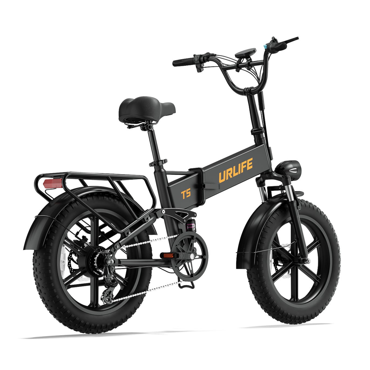URLIFE T5 schwarzes E-Bike schräg von hinten mit Gepäckträger, Rücklicht und dicken Reifen