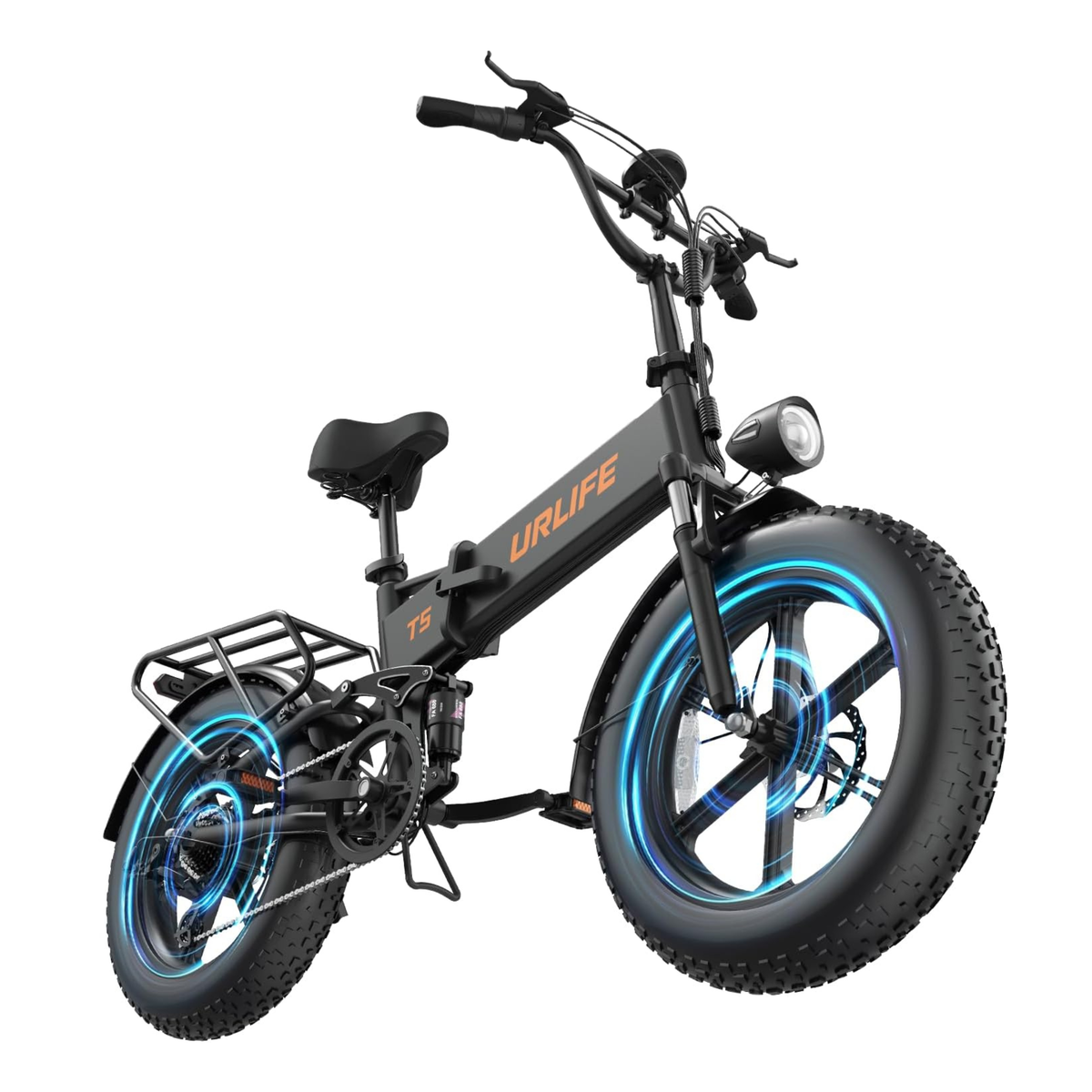 URLIFE T5 schwarzes E-Bike schräg von vorne mit blauen Grafikeffekten um die Räder und Frontlicht