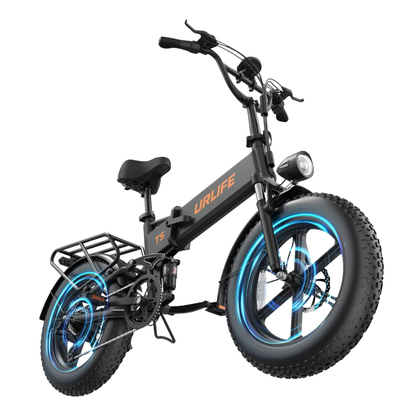 URLIFE T5 schwarzes E-Bike schräg von vorne mit blauen Grafikeffekten um die Räder und Frontlicht