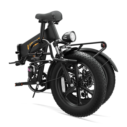 URLIFE T5 E-Bike in Schwarz, schräg von vorn, mit breiten Reifen, Frontlicht, Gepäckträger und Sattel