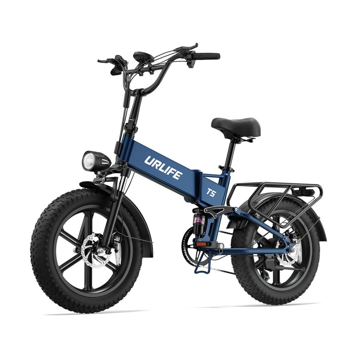 URLIFE T5 in Blau, schräg von vorne mit Lenker, Scheinwerfer, breiten Reifen und Gepäckträger