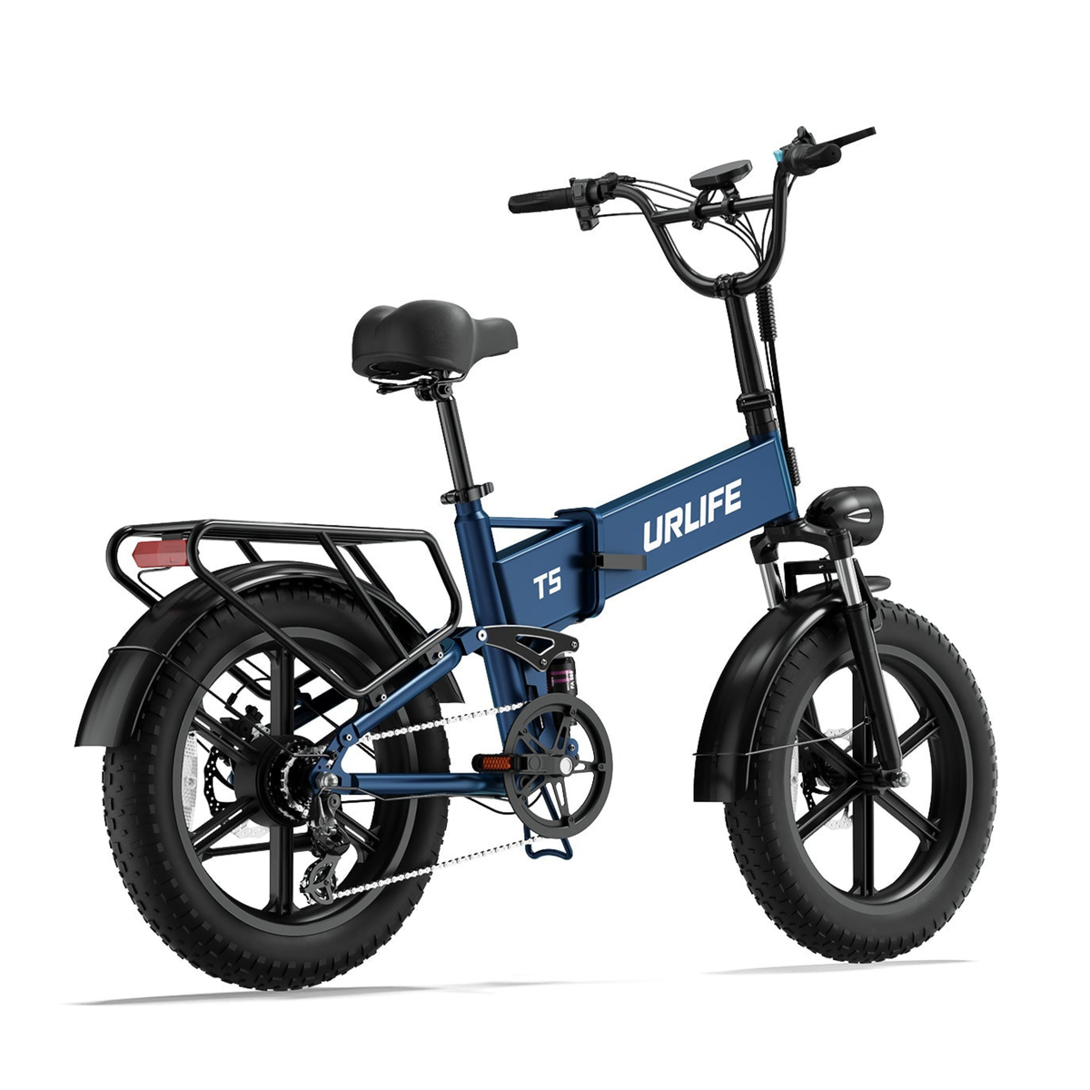 URLIFE T5 in Blau, schräg von hinten mit Sattel, Gepäckträger, Rücklicht, Kette und breiten Reifen
