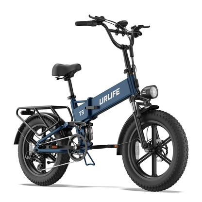 URLIFE T5 blaues E-Bike schräg von vorne mit breiten Reifen, Gepäckträger und Frontlicht