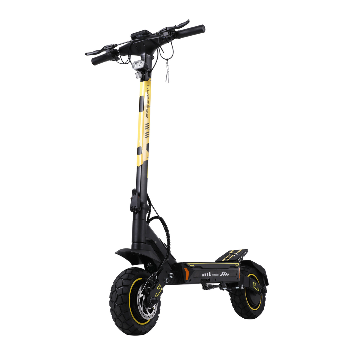 Wheely - H7 E-Scooter schräg von vorn mit gelb-schwarzer Lenkstange