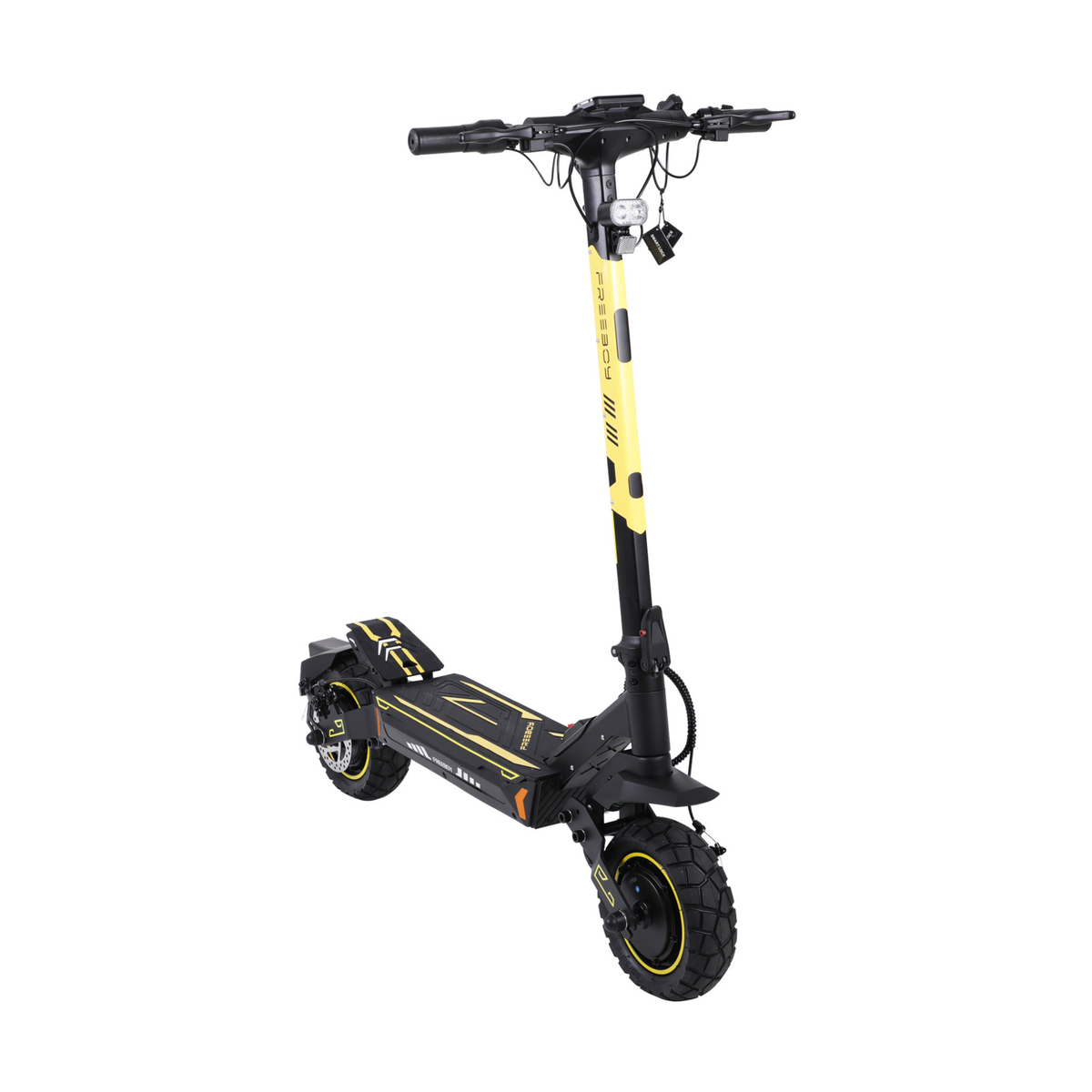 Wheely - H7 E-Scooter in Schwarz und Gelb mit aufrechtem Lenkerschaft, schräg von vorn