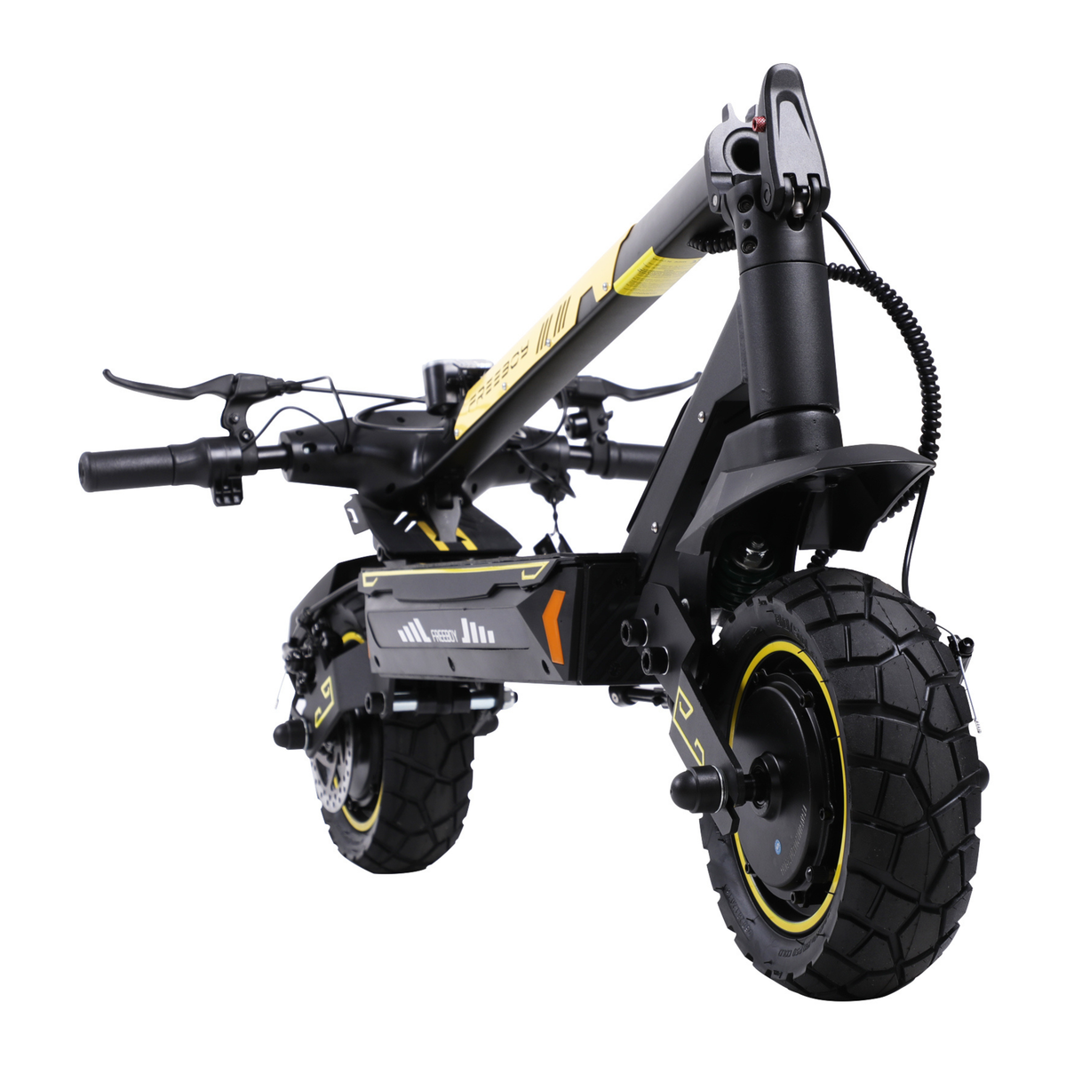 Wheely - H7 E-Scooter in Schwarz und Gelb mit heruntergeklapptem Lenkerschaft und grobstolligen Reifen