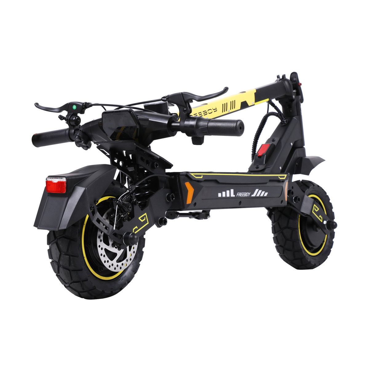 Wheely - H7 mit heruntergeklapptem Lenkerschaft, schräg von hinten, mit Scheibenbremse, Schutzblech und Geländereifen