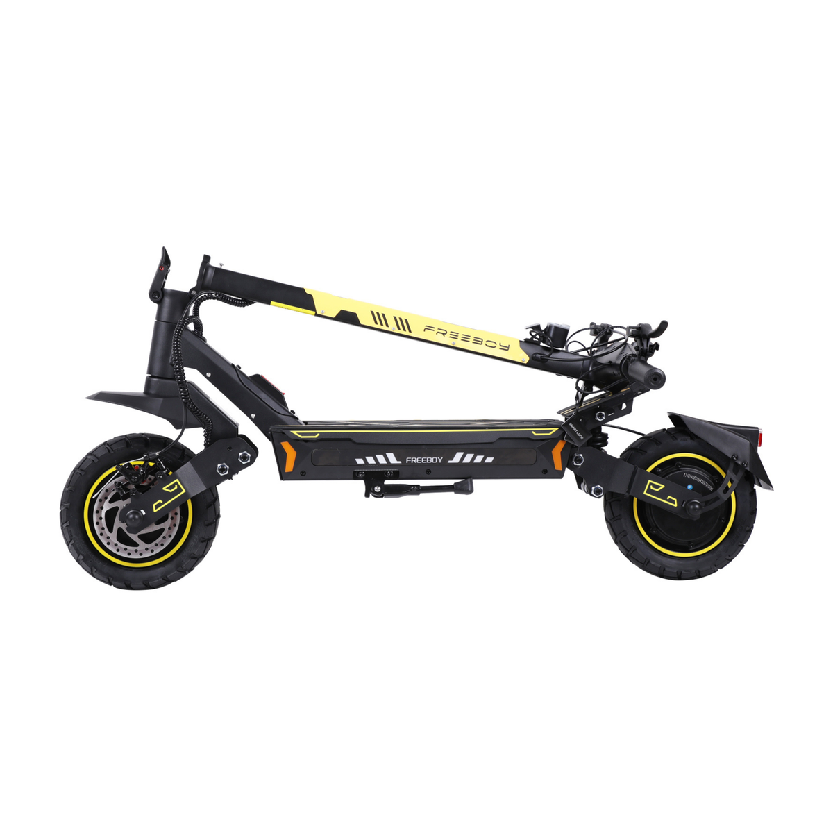 Wheely - H7 E-Scooter von der Seite mit heruntergeklapptem Lenkerschaft und sichtbarem Seitenständer