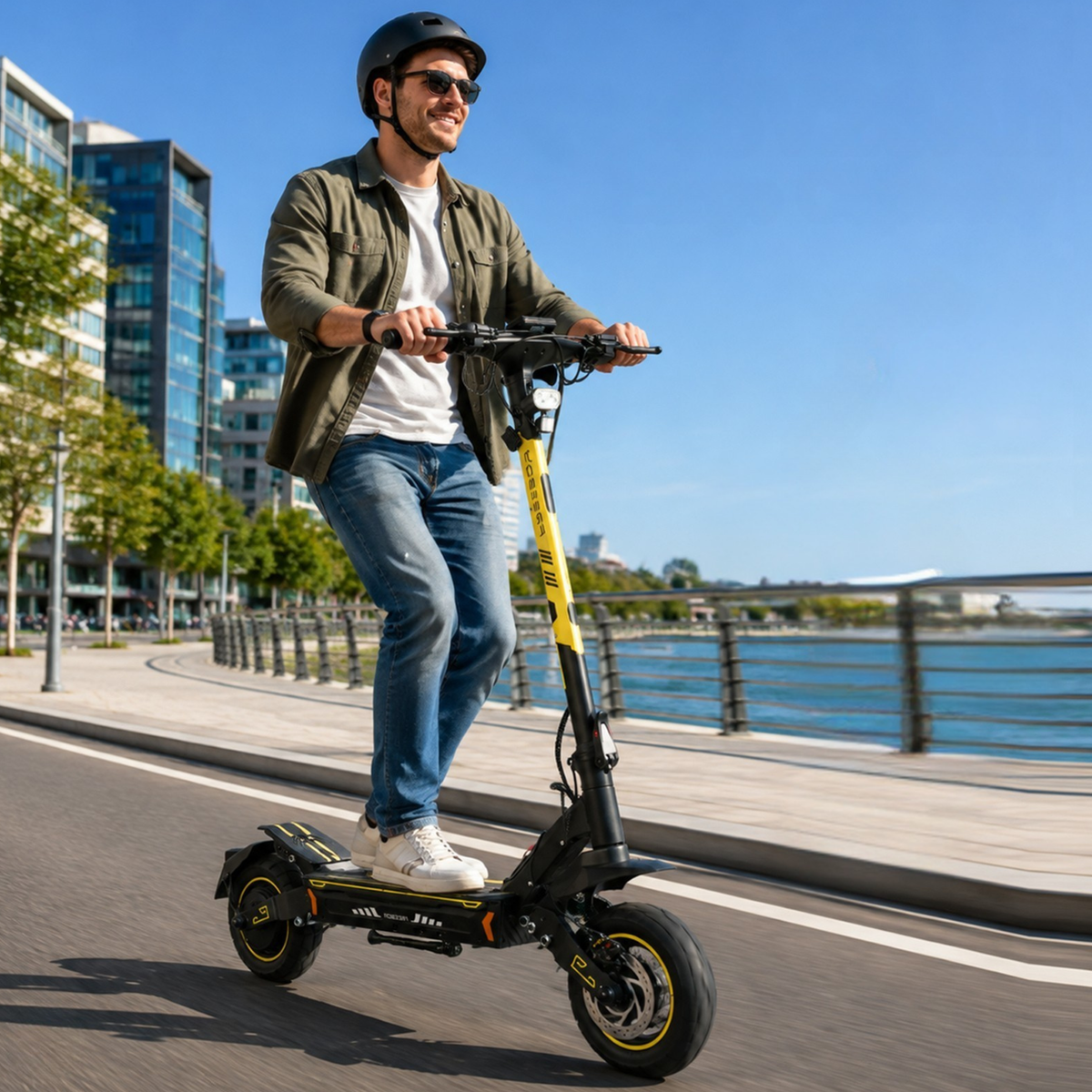 Mann mit Helm fährt den Wheely - H7 E-Scooter an einem Kai am Wasser entlang
