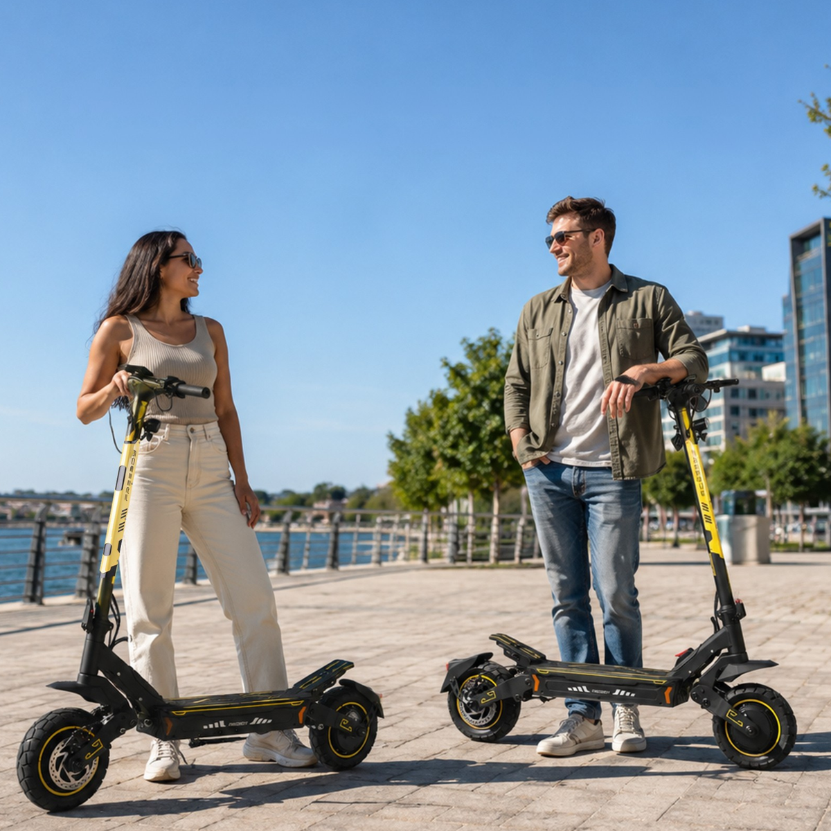 Frau und Mann stehen an je einem Wheely - H7 auf einem Kai