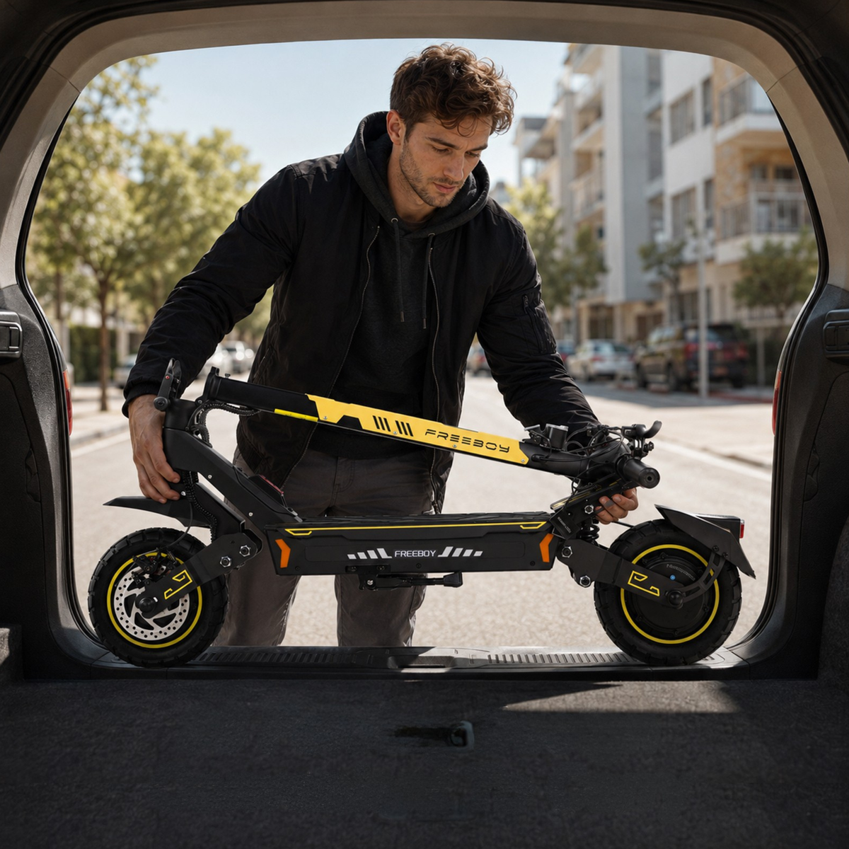 Mann hebt einen zusammengeklappten schwarz-gelben E-Scooter in den Kofferraum eines Autos, von innen gesehen