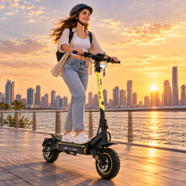 Frau mit Helm fährt den Wheely - H7 bei Sonnenuntergang auf einem Kai, im Hintergrund die Skyline
