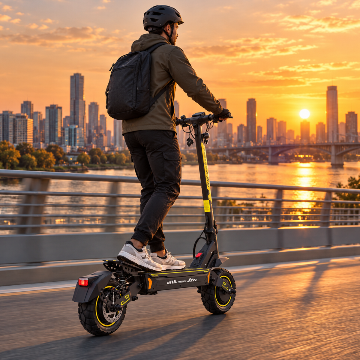 Mann mit Rucksack von hinten fährt den Wheely - H7 bei Sonnenuntergang auf einer Brücke, mit Skyline