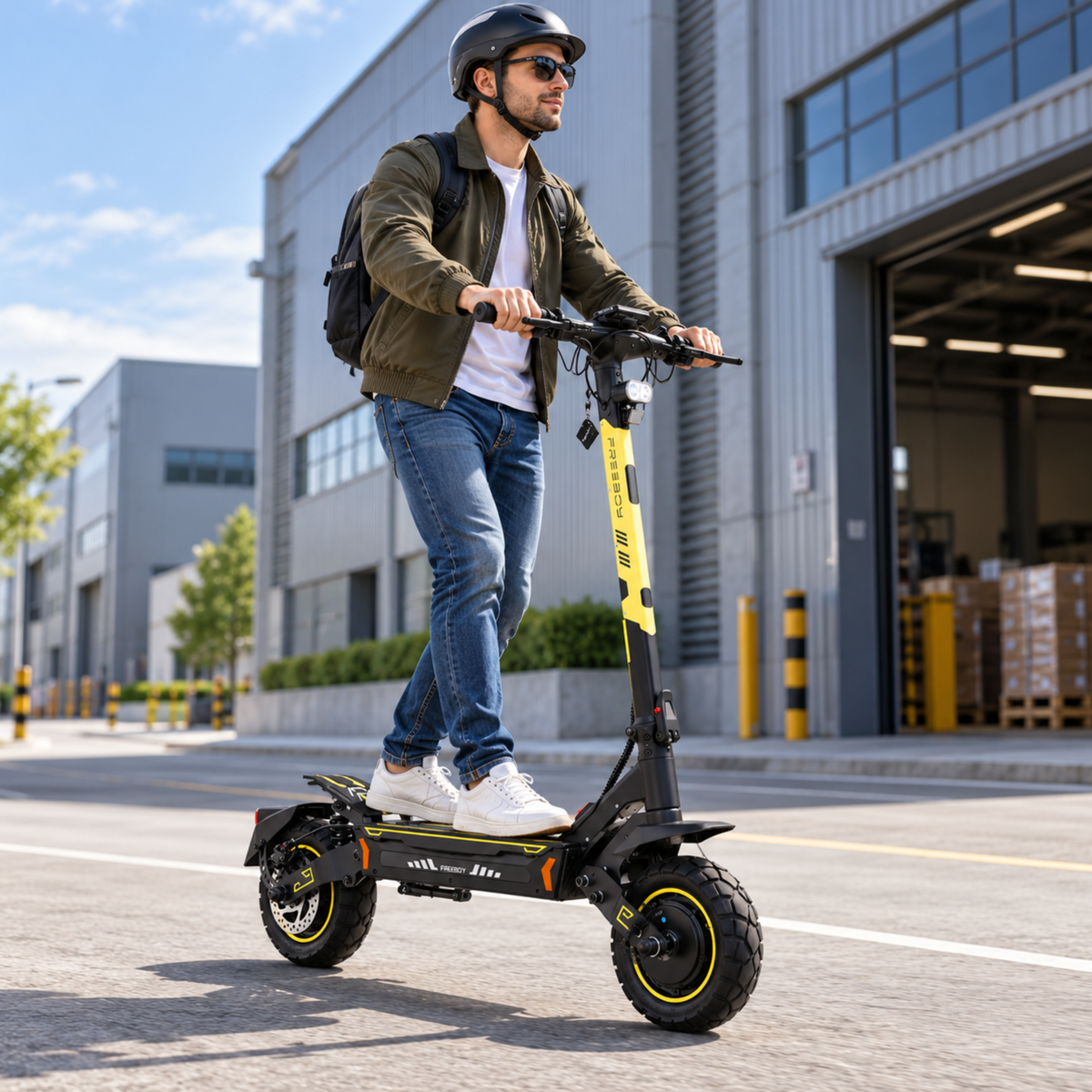 Mann mit Helm und Sonnenbrille fährt den Wheely - H7 auf einer Straße vor einem Industriegebäude