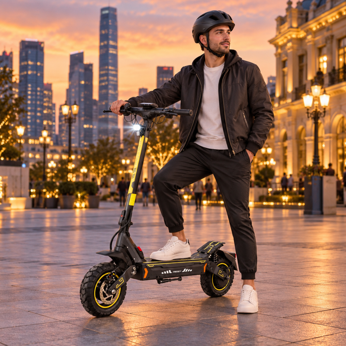 Mann mit Helm steht mit einem Fuß auf einem schwarz-gelben E-Scooter auf einem Platz in der Dämmerung