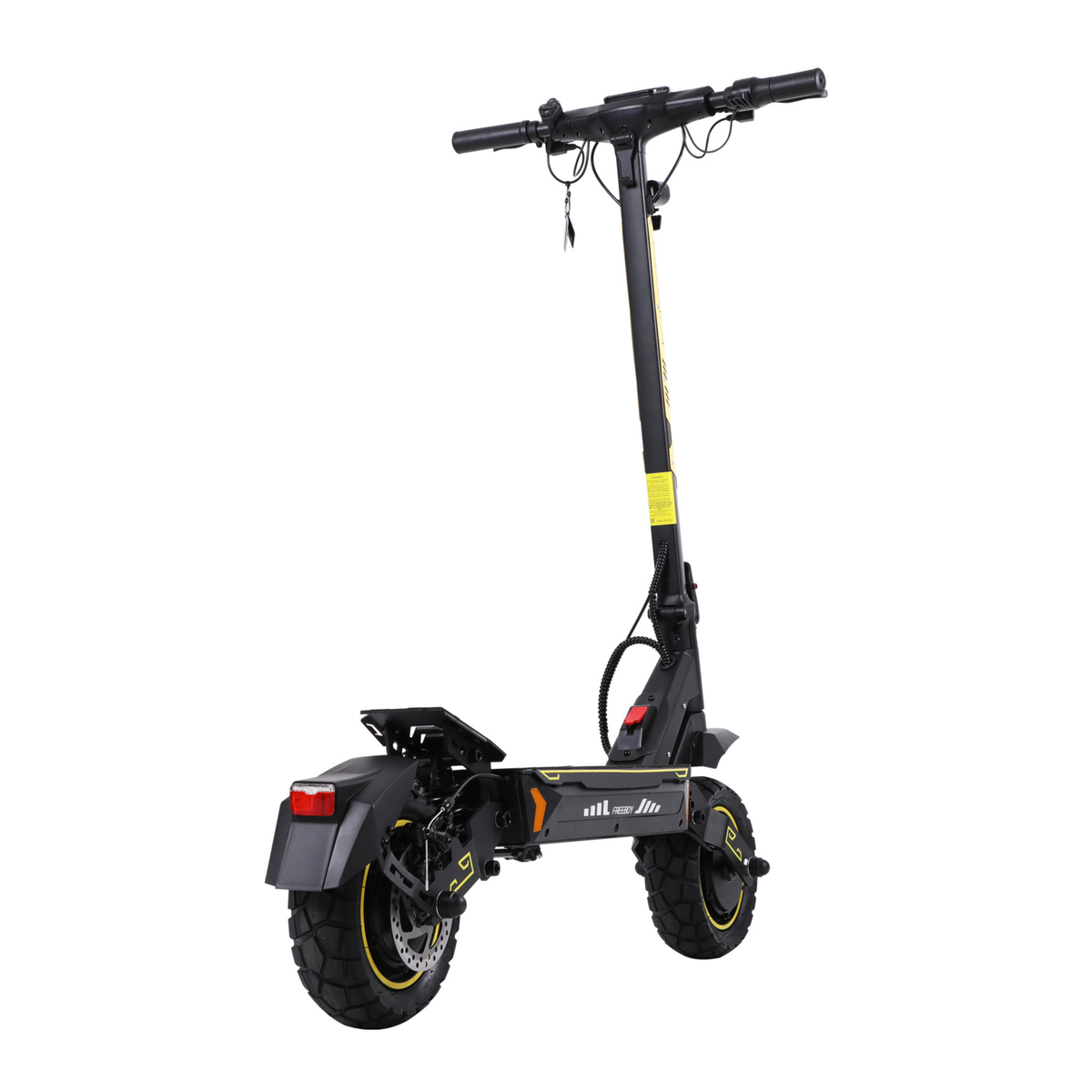Wheely - H7 E-Scooter schräg von hinten mit Hinterrad, Scheibenbremse, Schutzblech und gelben Details