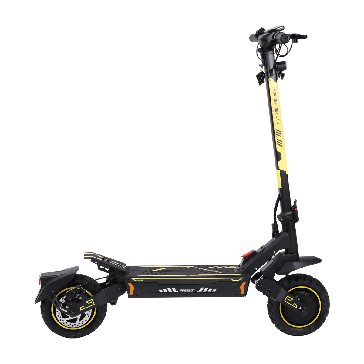 Schwarz-gelber E-Scooter mit dem Schriftzug FREEBOY von der Seite, mit zwei Reifen und Trittbrett