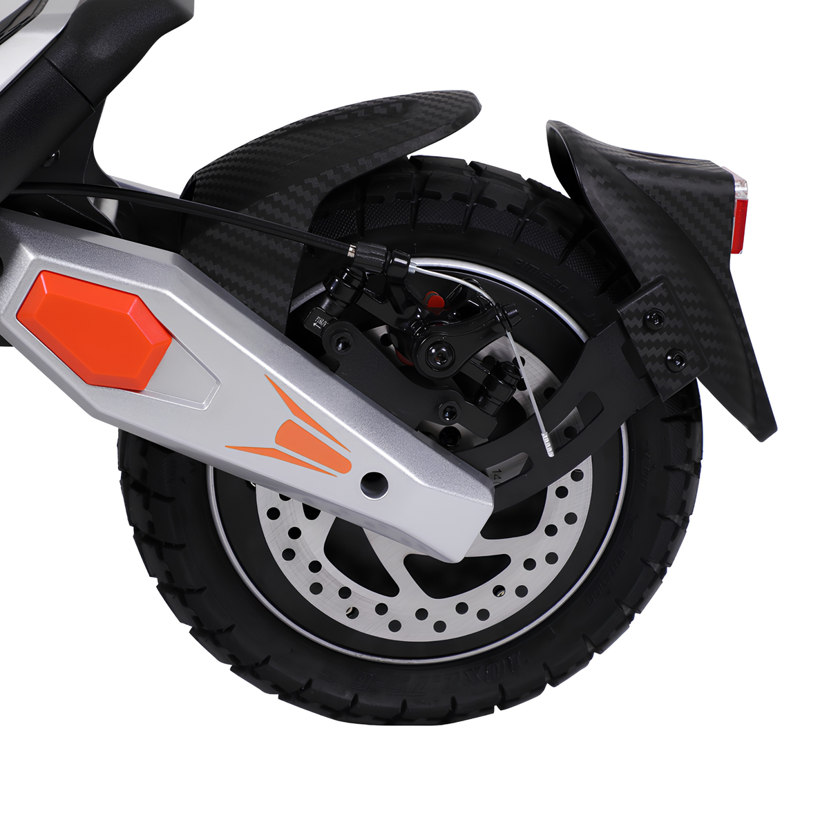 Hinterrad am Wheely - J18 mit Scheibenbremse, Schutzblech und grauer Schwinge mit orangefarbenen Details
