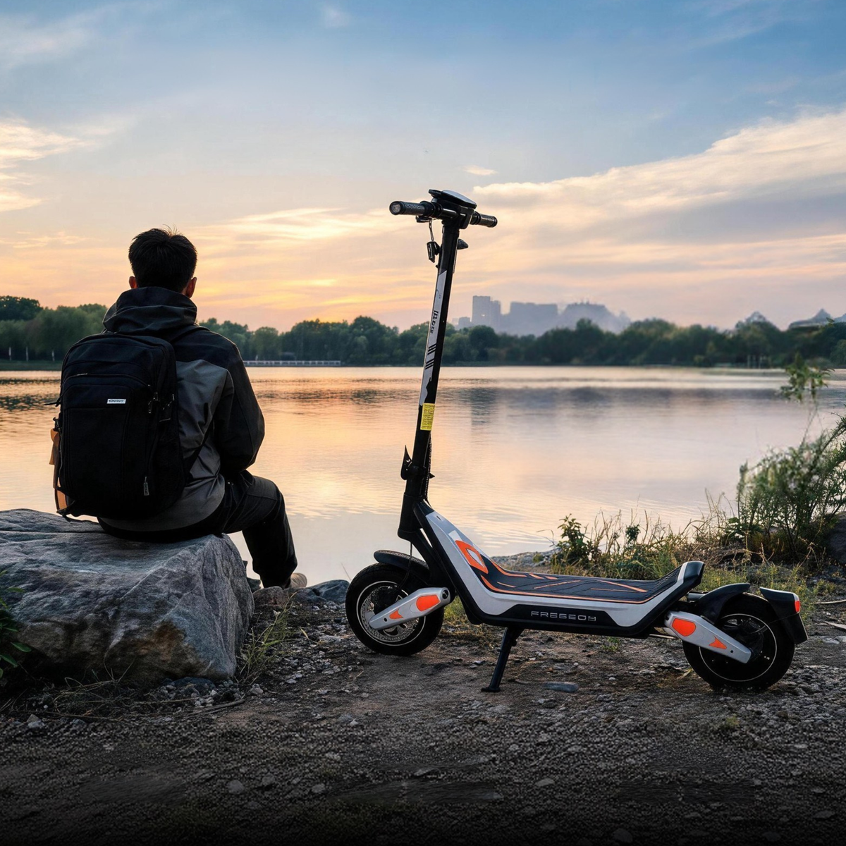 Wheely - J18 auf dem Seitenständer an einem See bei Sonnenuntergang, daneben sitzt eine Person mit Rucksack auf einem Stein