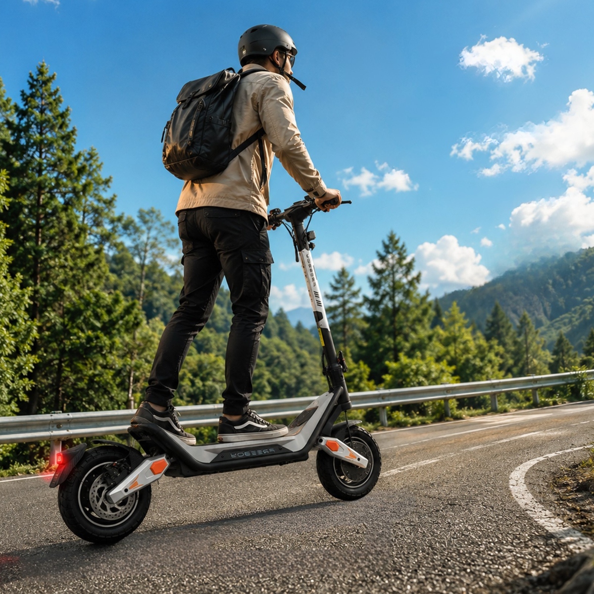 Person mit Helm und Rucksack fährt den Wheely - J18 an einem sonnigen Tag auf einer kurvigen Straße durch den Wald