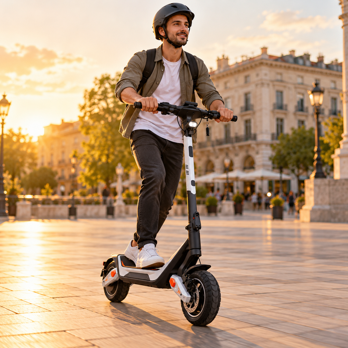 Lächelnde Person mit Helm fährt den Wheely - J18 bei Sonnenuntergang über einen gepflasterten Platz