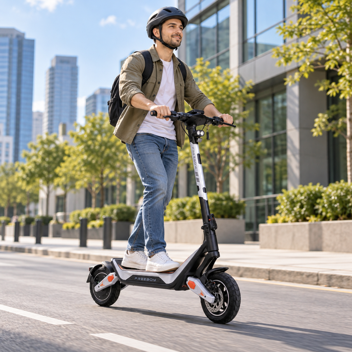 Mann mit Helm fährt den Wheely - J18 auf einer Stadtstraße mit Gebäuden und Bäumen