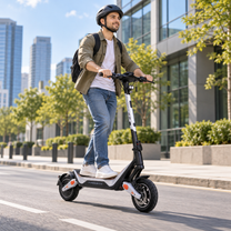 Mann mit Helm fährt den Wheely - J18 auf einer Stadtstraße mit Gebäuden und Bäumen